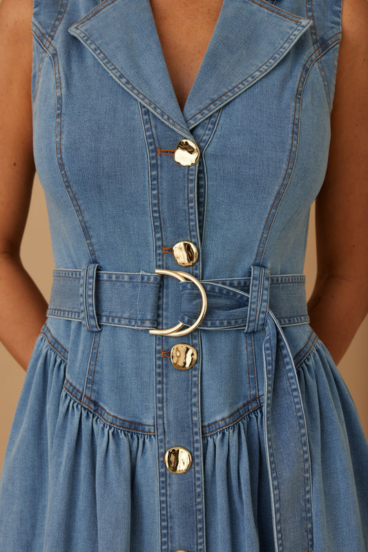 Nikki Stretch Denim A-line Midi Dress