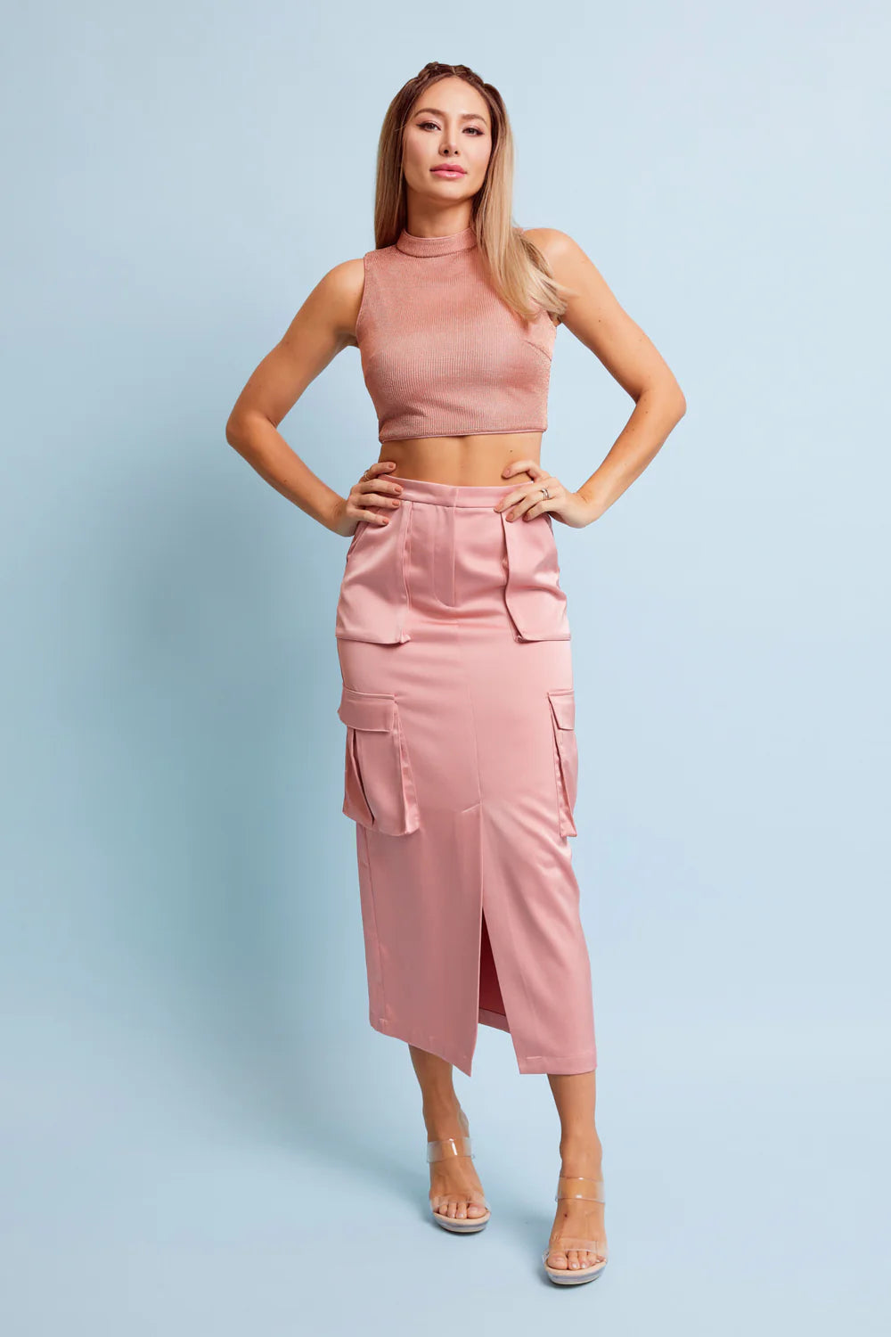 Metallic Cropped Top with Satin Cargo Midi Skirt Set