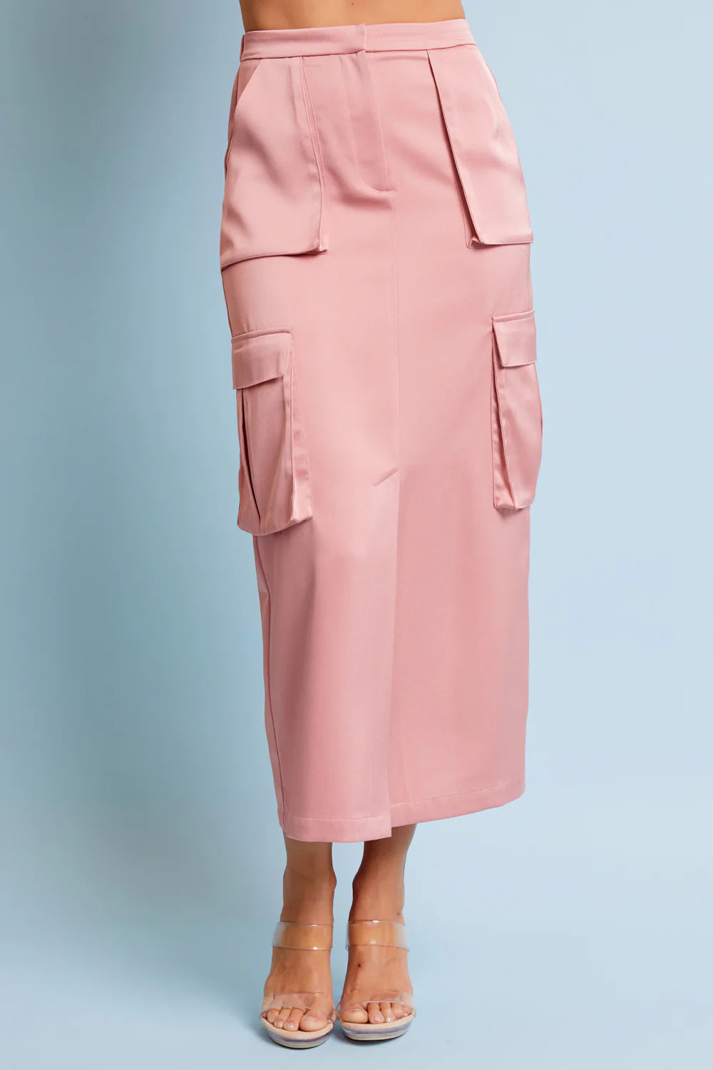 Metallic Cropped Top with Satin Cargo Midi Skirt Set