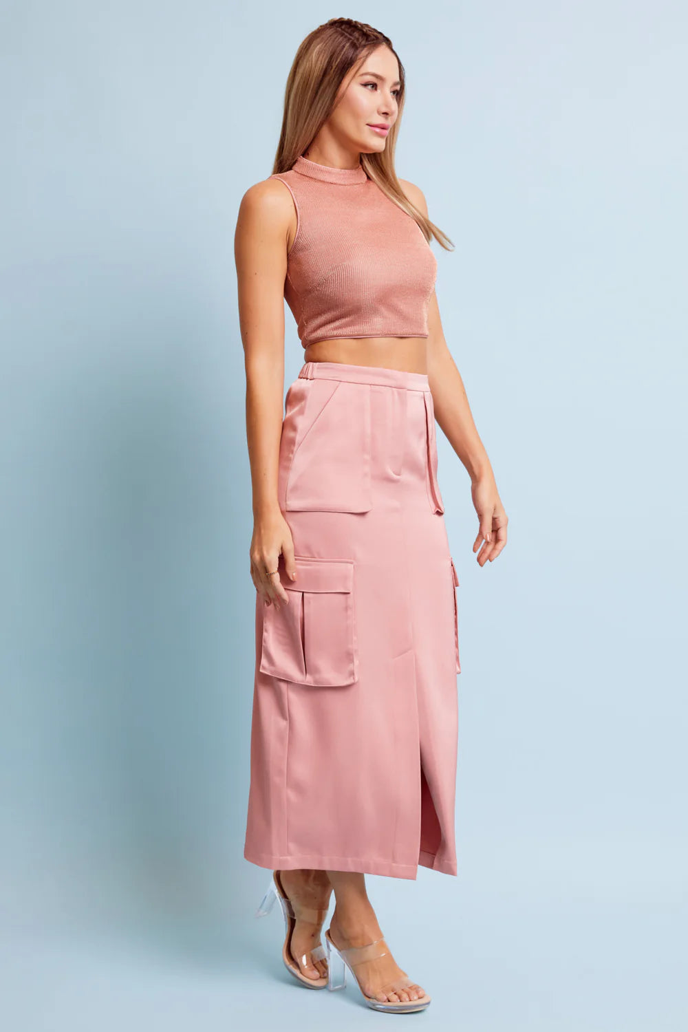 Metallic Cropped Top with Satin Cargo Midi Skirt Set