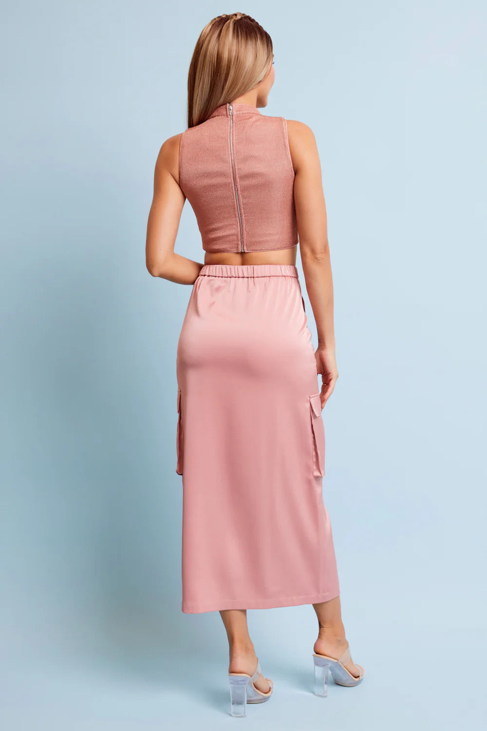 Metallic Cropped Top with Satin Cargo Midi Skirt Set