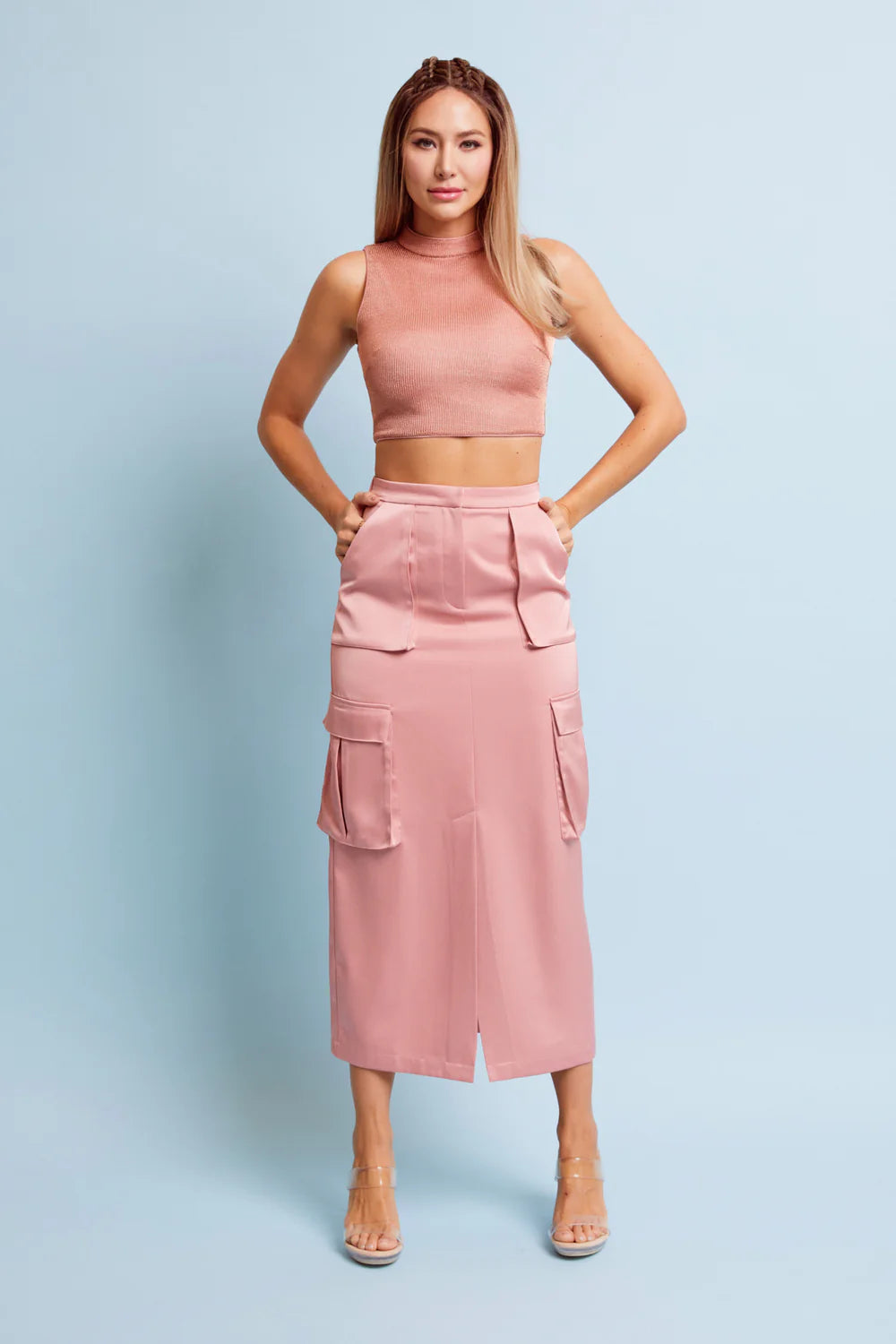 Metallic Cropped Top with Satin Cargo Midi Skirt Set