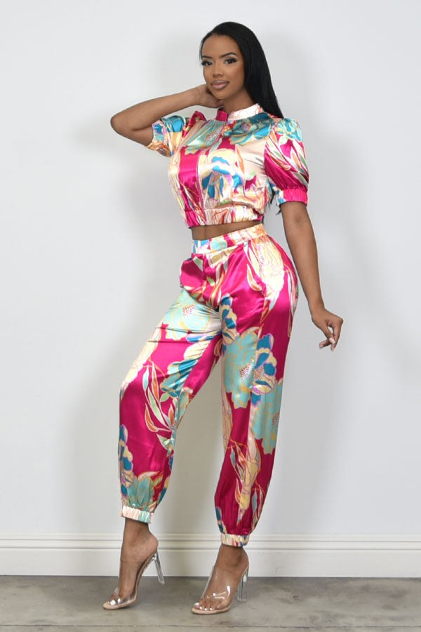Satin Effect Zip Up 2PC Pants Set