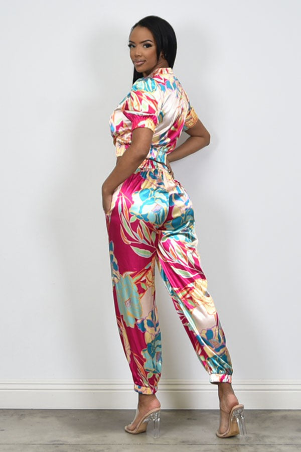 Satin Effect Zip Up 2PC Pants Set