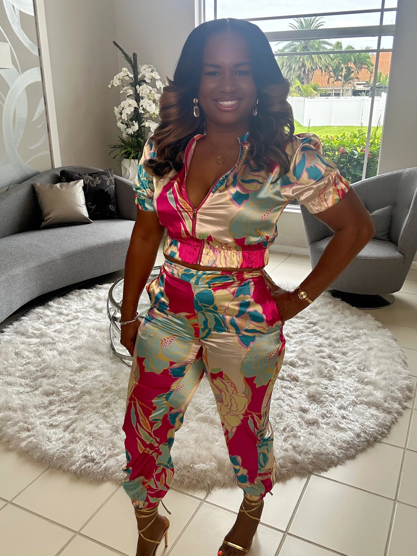 Satin Effect Zip Up 2PC Pants Set