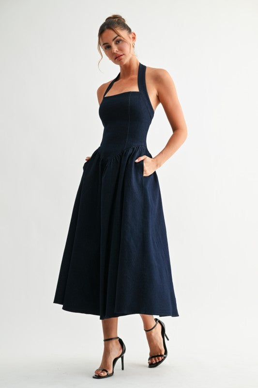 Thandiwe Dark Denim Halter Midi Dress