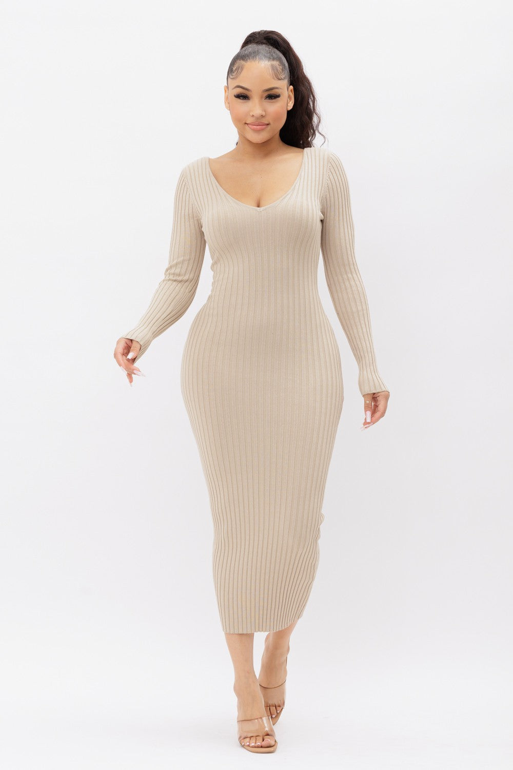 Deep V-Neck or Off Shoulder Long Sleeve Rib Midi Dress