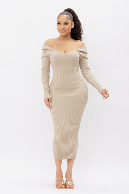 Deep V-Neck or Off Shoulder Long Sleeve Rib Midi Dress