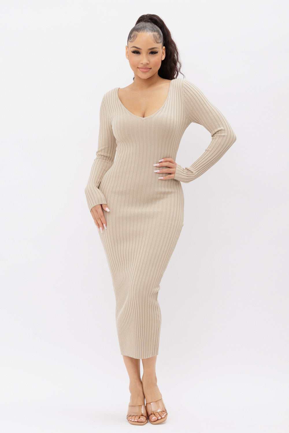 Deep V-Neck or Off Shoulder Long Sleeve Rib Midi Dress