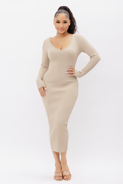 Deep V-Neck or Off Shoulder Long Sleeve Rib Midi Dress