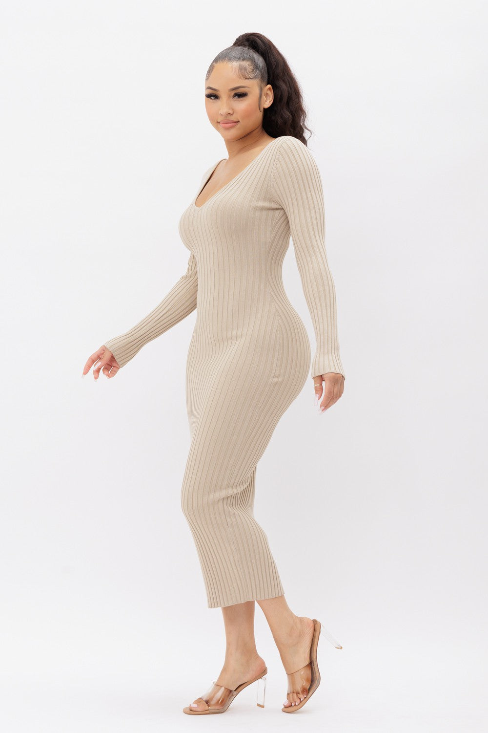 Deep V-Neck or Off Shoulder Long Sleeve Rib Midi Dress