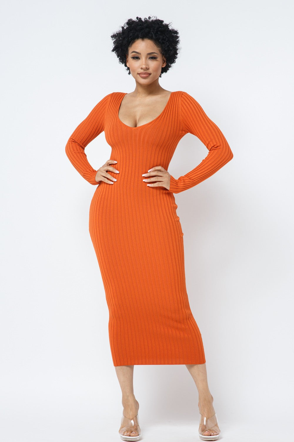 Deep V-Neck or Off Shoulder Long Sleeve Rib Midi Dress