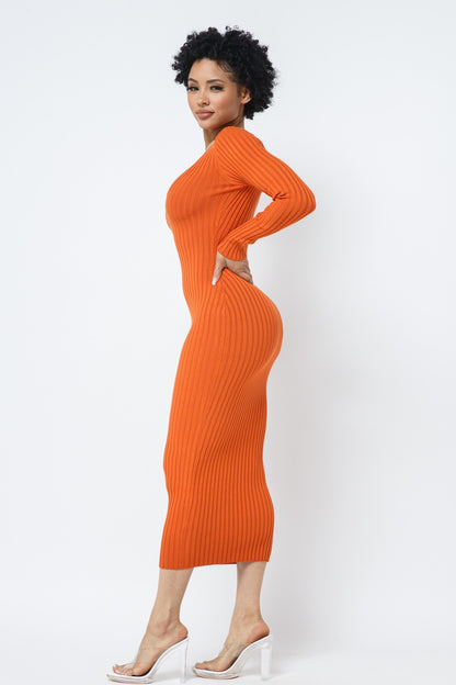 Deep V-Neck or Off Shoulder Long Sleeve Rib Midi Dress