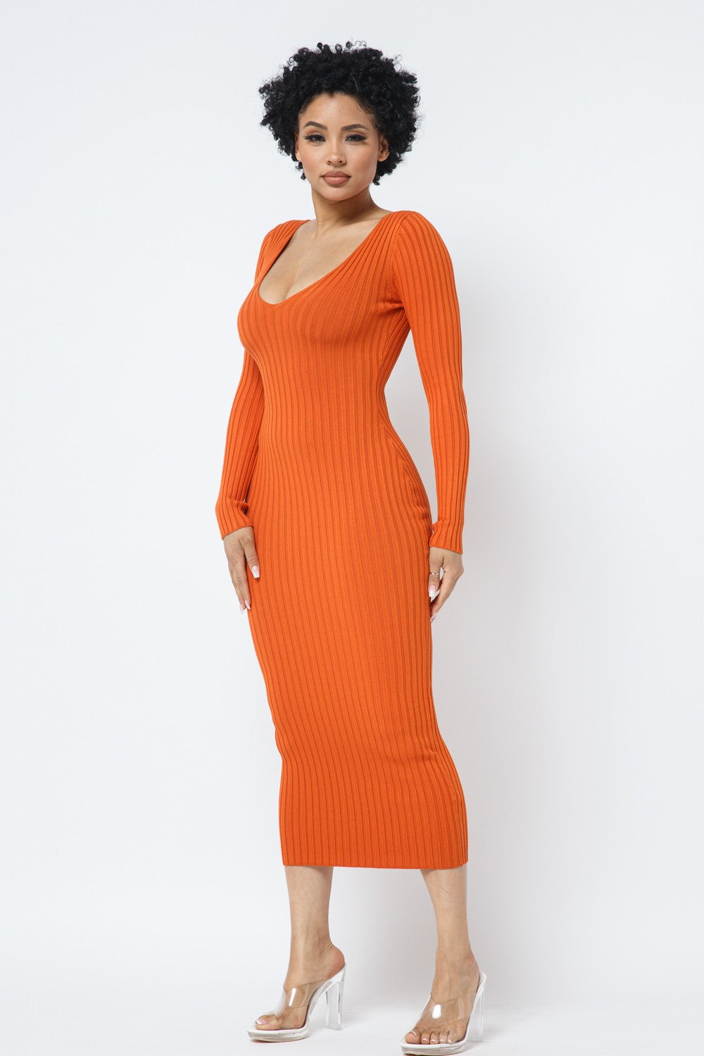 Deep V-Neck or Off Shoulder Long Sleeve Rib Midi Dress