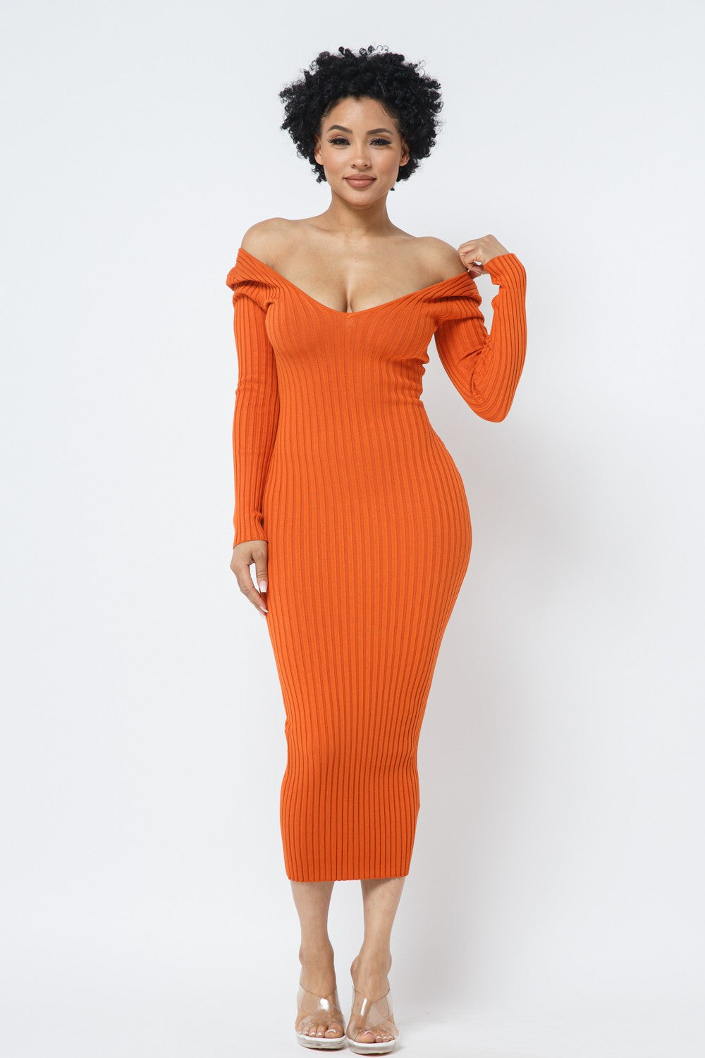 Deep V-Neck or Off Shoulder Long Sleeve Rib Midi Dress