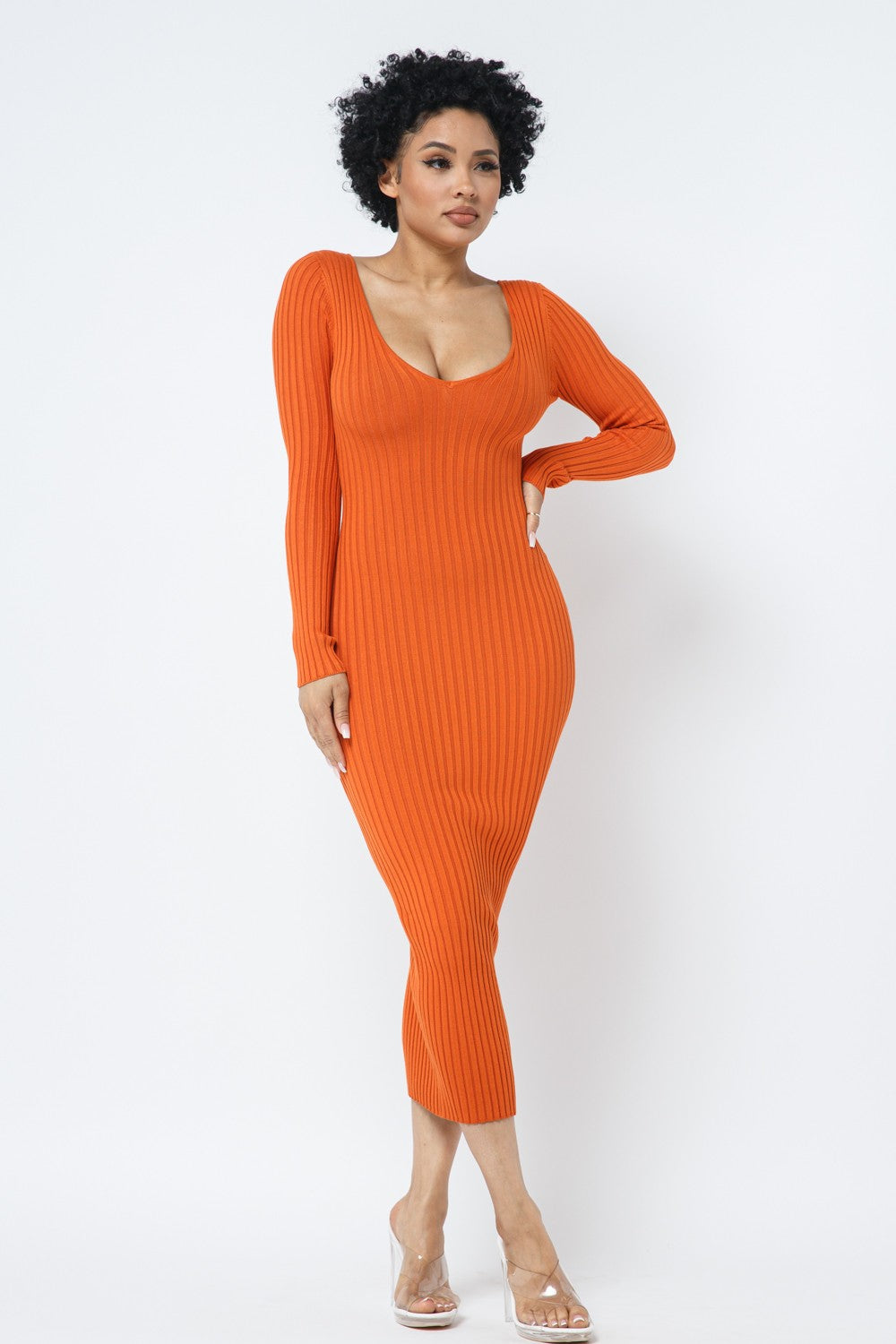 Deep V-Neck or Off Shoulder Long Sleeve Rib Midi Dress