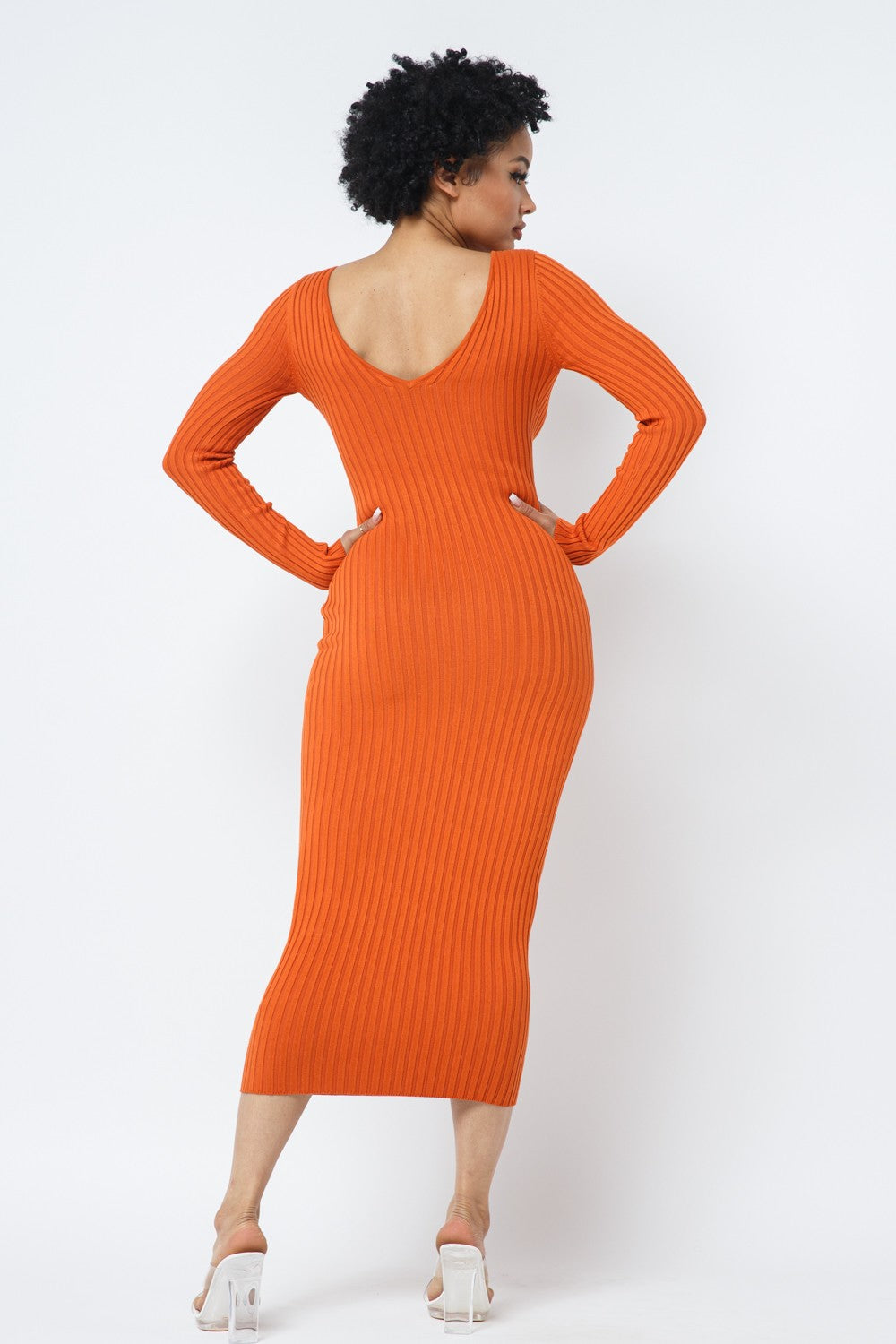 Deep V-Neck or Off Shoulder Long Sleeve Rib Midi Dress