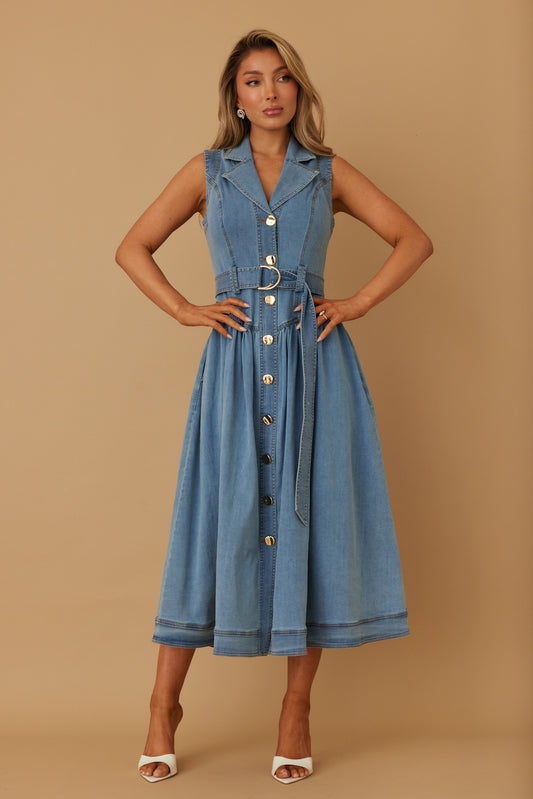 Nikki Stretch Denim A-line Midi Dress
