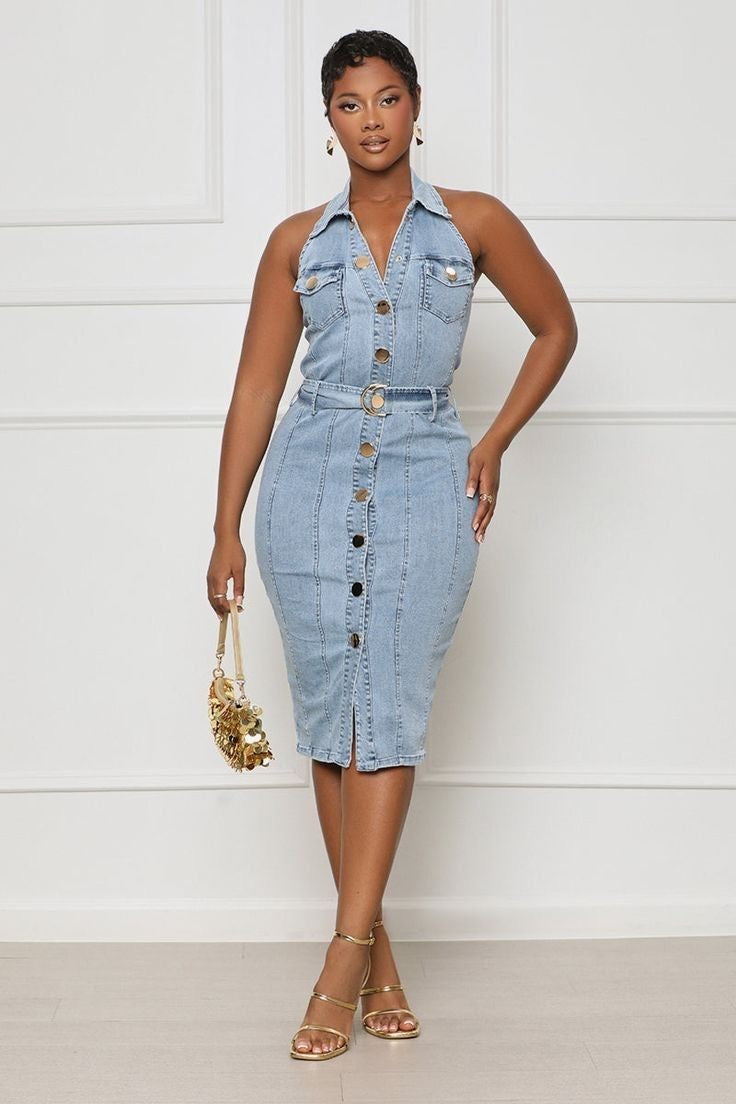 Celine Stretch Denim Halter Dress