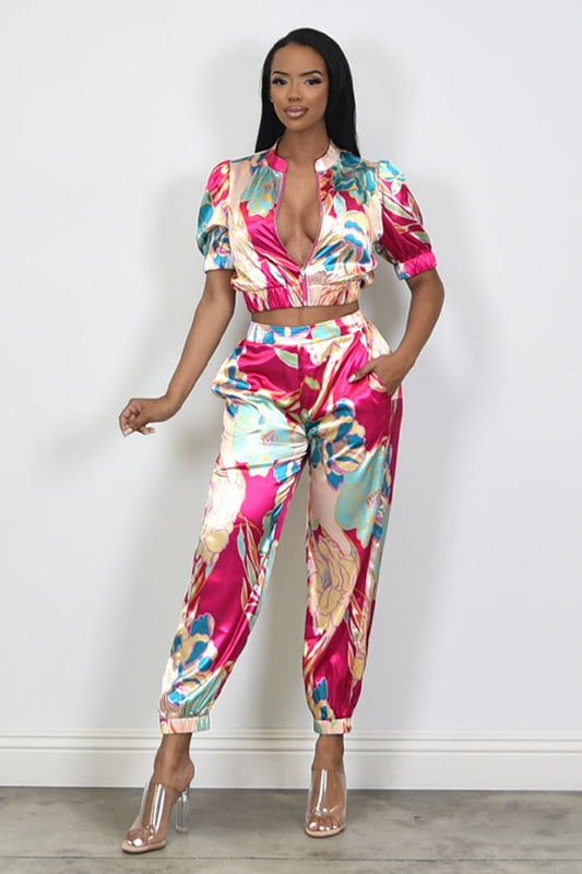 Satin Effect Zip Up 2PC Pants Set