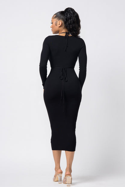 Long Sleeve Drawstring Keyhole Dress