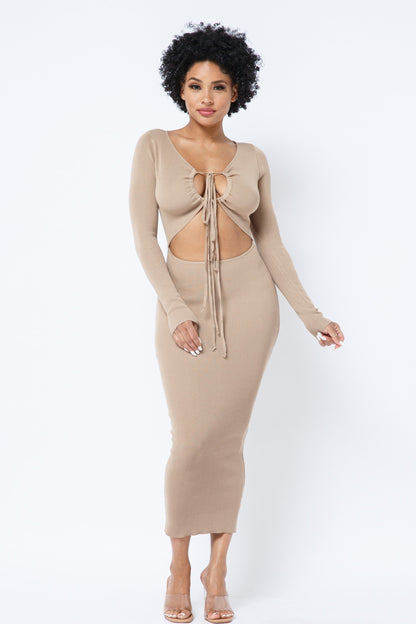 Long Sleeve Drawstring Keyhole Dress