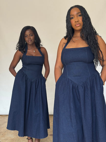Thandiwe Dark Denim Halter Midi Dress