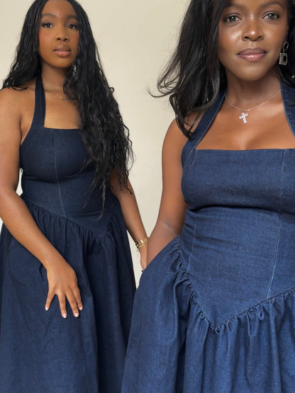 Thandiwe Dark Denim Halter Midi Dress